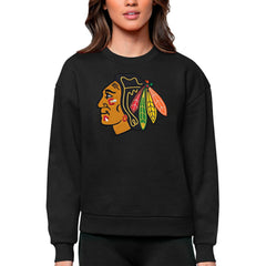 NHL Black Chicago Blackhawks Antigua Women's Team Logo Victory Crewneck Pullover Sweatshirt