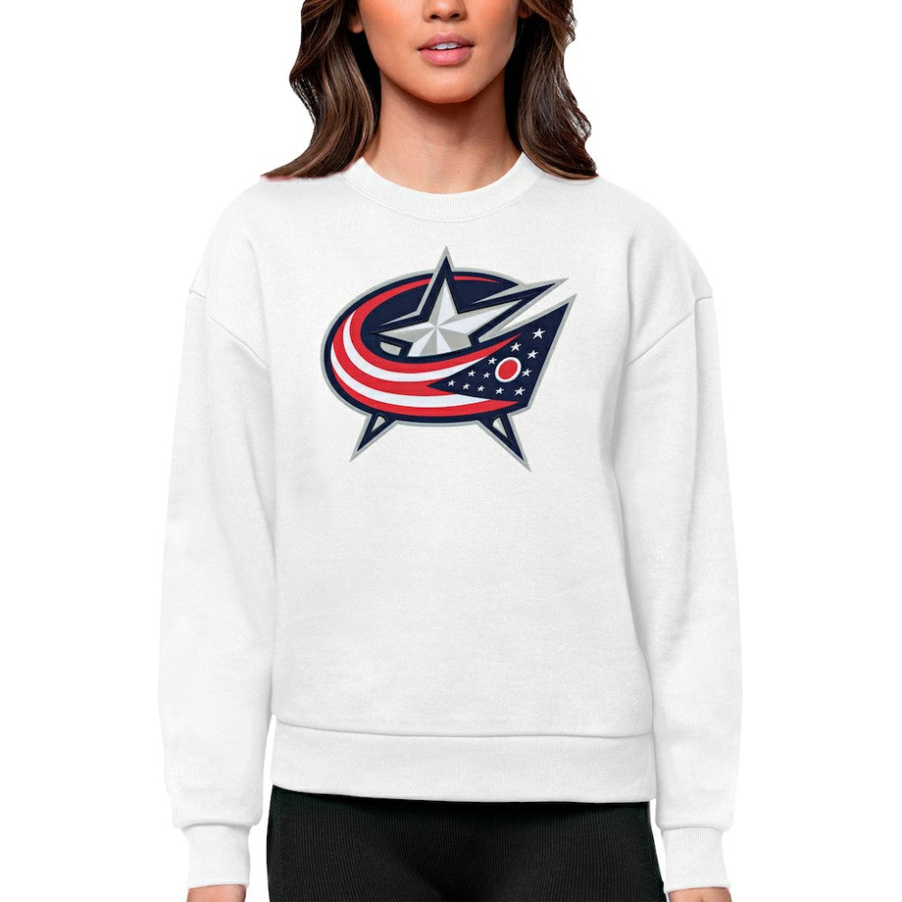 NHL White Columbus Blue Jackets Antigua Women's Team Logo Victory Crewneck Pullover Sweatshirt