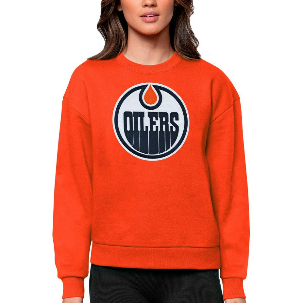 NHL Orange Edmonton Oilers Antigua Women's Team Logo Victory Crewneck Pullover Sweatshirt