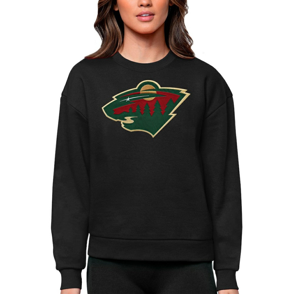 NHL Black Minnesota Wild Antigua Women's Team Logo Victory Crewneck Pullover Sweatshirt