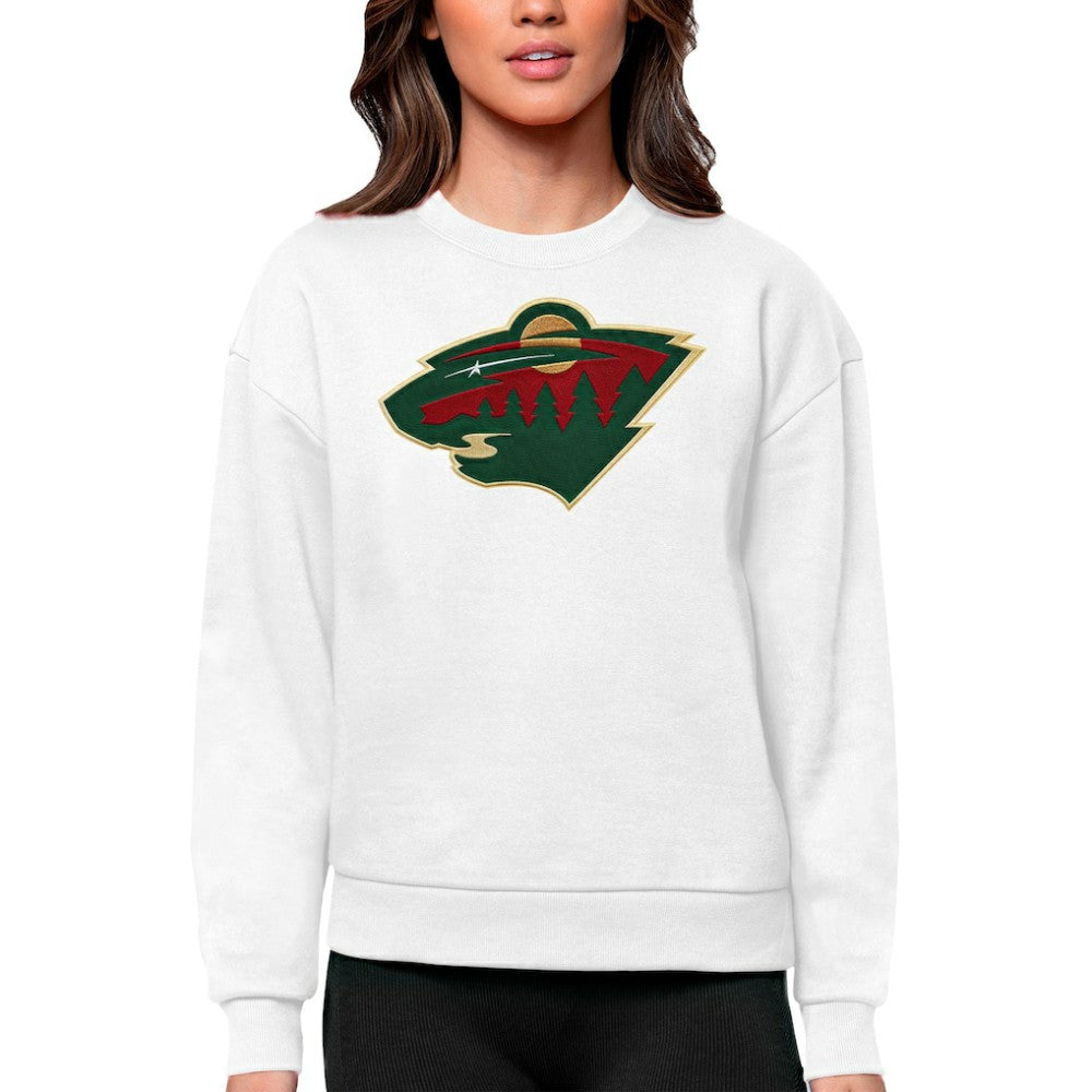 NHL White Minnesota Wild Antigua Women's Team Logo Victory Crewneck Pullover Sweatshirt