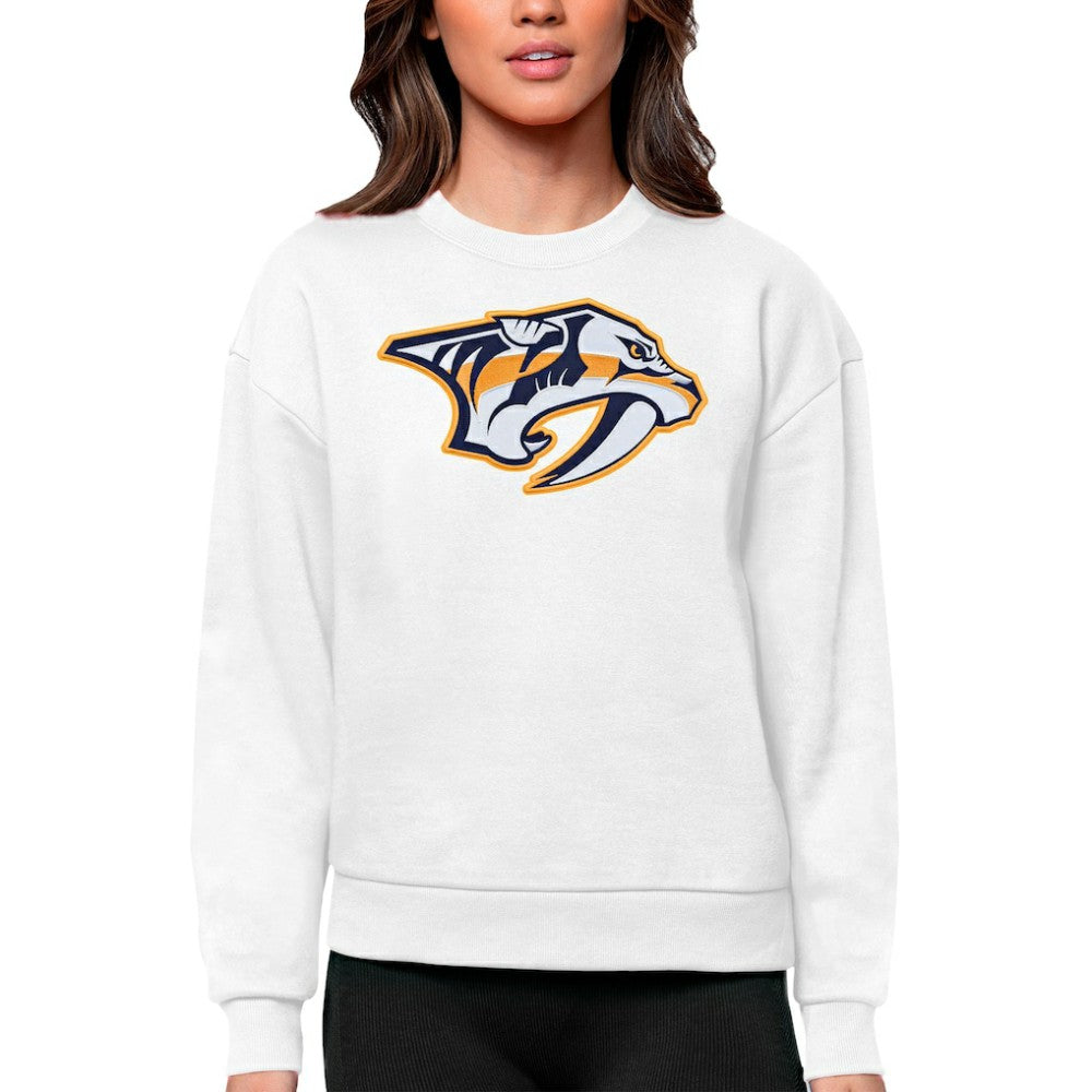 NHL White Nashville Predators Antigua Women's Team Logo Victory Crewneck Pullover Sweatshirt