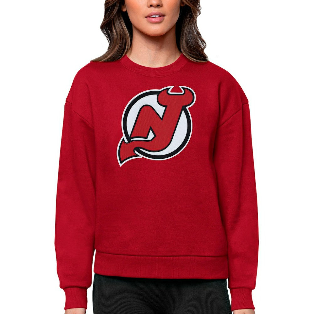 NHL Red New Jersey Devils Antigua Women's Team Logo Victory Crewneck Pullover Sweatshirt
