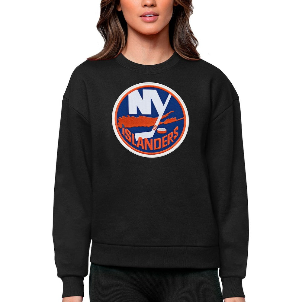 NHL Black New York Islanders Antigua Women's Team Logo Victory Crewneck Pullover Sweatshirt