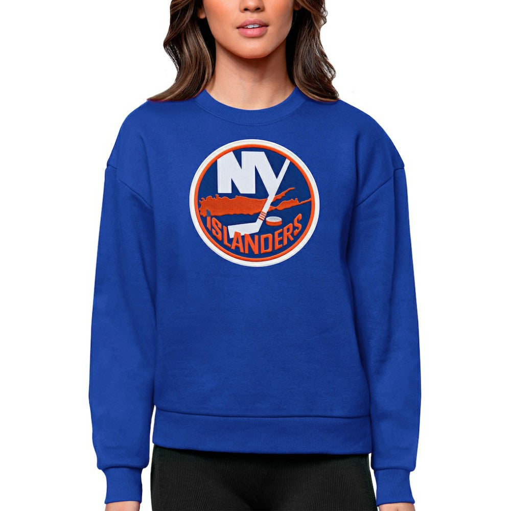 NHL Royal New York Islanders Antigua Women's Team Logo Victory Crewneck Pullover Sweatshirt
