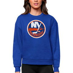 NHL Royal New York Islanders Antigua Women's Team Logo Victory Crewneck Pullover Sweatshirt