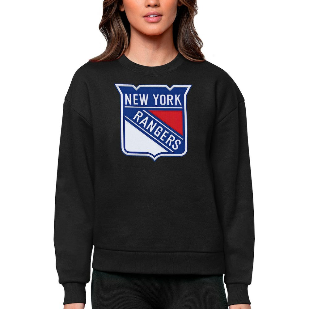 NHL Black New York Rangers Antigua Women's Team Logo Victory Crewneck Pullover Sweatshirt