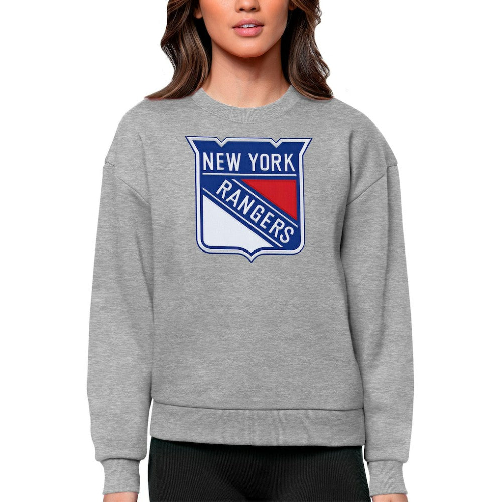 NHL Heather Gray New York Rangers Antigua Women's Team Logo Victory Crewneck Pullover Sweatshirt