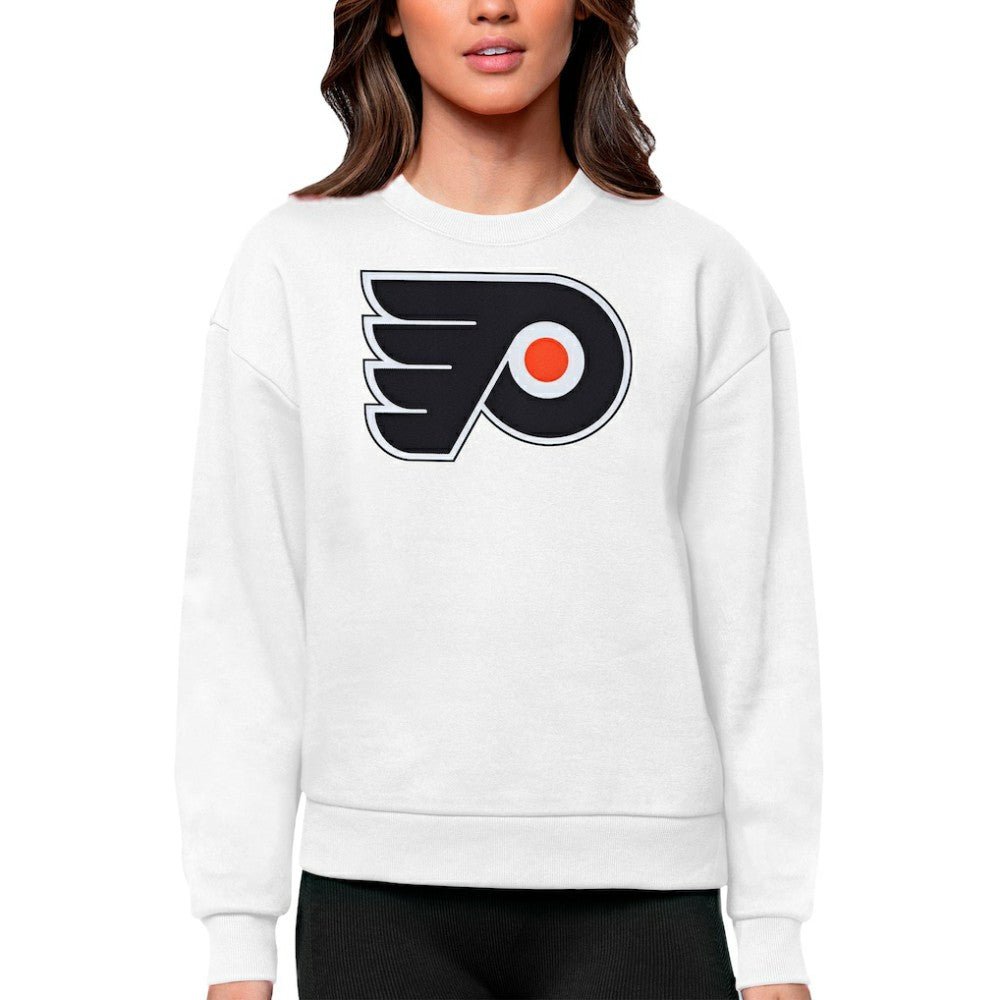 NHL White Philadelphia Flyers Antigua Women's Team Logo Victory Crewneck Pullover Sweatshirt