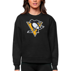 NHL Black Pittsburgh Penguins Antigua Women's Team Logo Victory Crewneck Pullover Sweatshirt