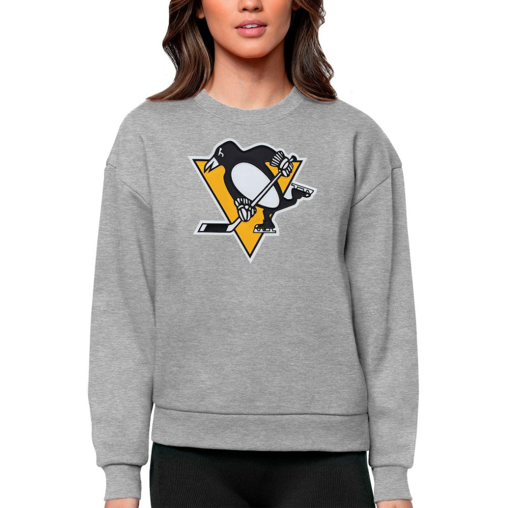 NHL Heather Gray Pittsburgh Penguins Antigua Women's Team Logo Victory Crewneck Pullover Sweatshirt