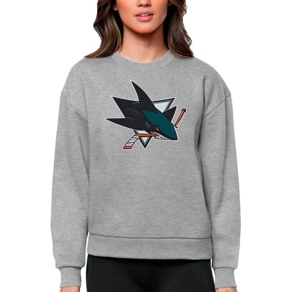 NHL Heather Gray San Jose Sharks Antigua Women's Team Logo Victory Crewneck Pullover Sweatshirt