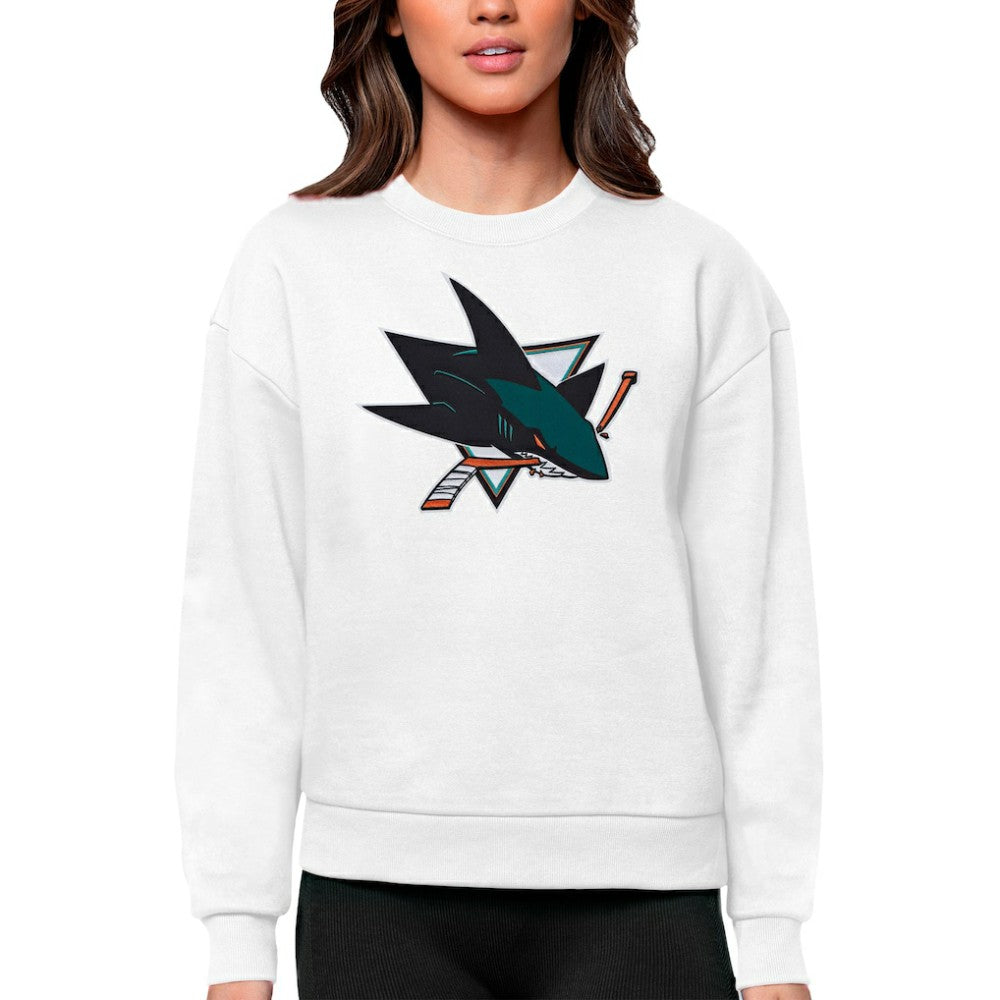 NHL White San Jose Sharks Antigua Women's Team Logo Victory Crewneck Pullover Sweatshirt