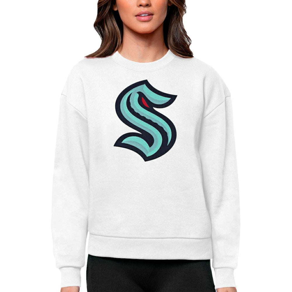 NHL White Seattle Kraken Antigua Women's Team Logo Victory Crewneck Pullover Sweatshirt