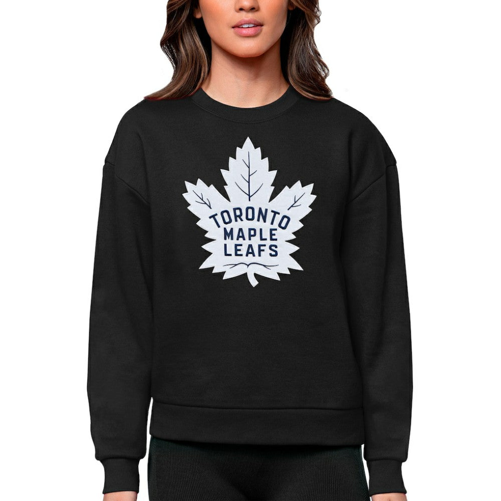 NHL Black Toronto Maple Leafs Antigua Women's Team Logo Victory Crewneck Pullover Sweatshirt