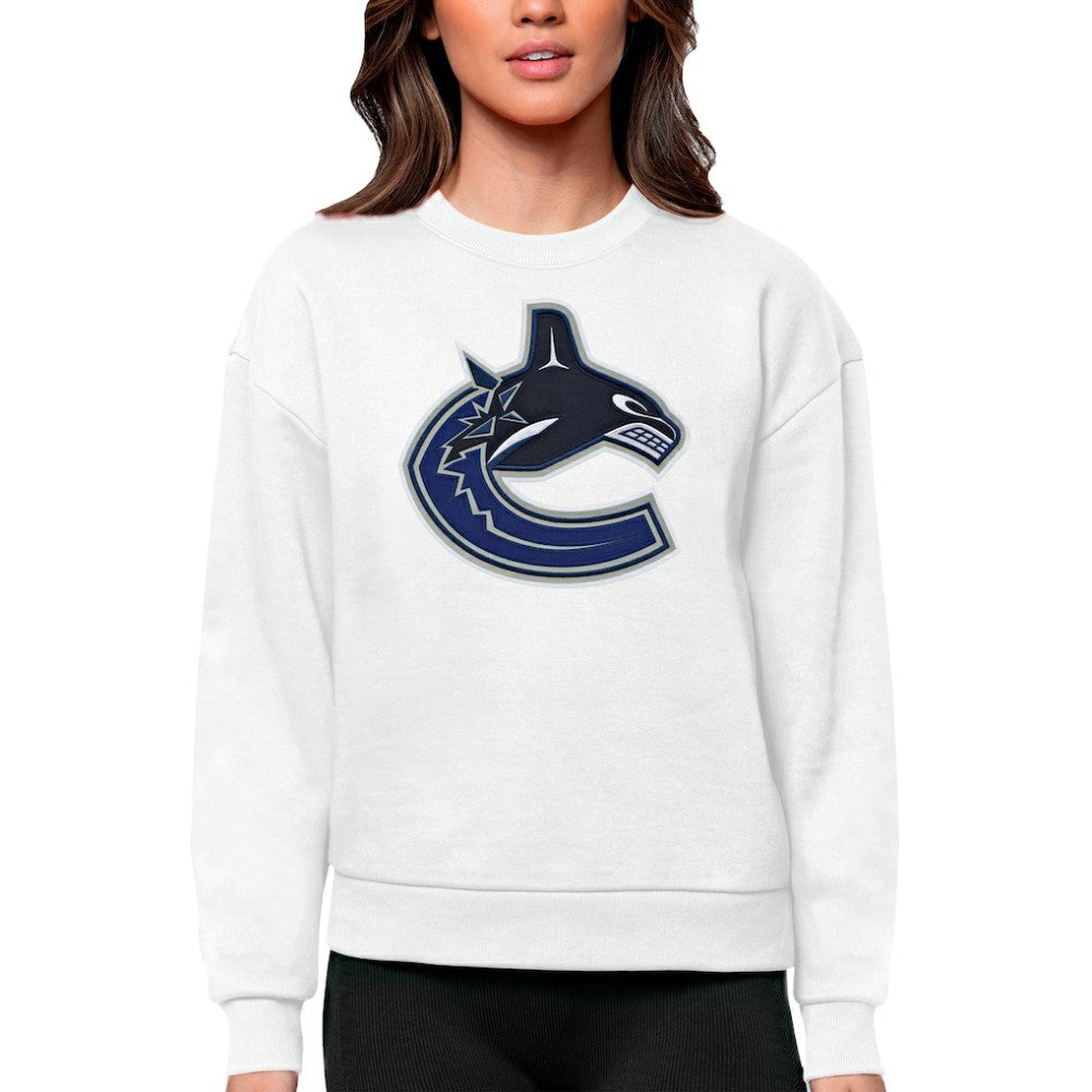 NHL White Vancouver Canucks Antigua Women's Team Logo Victory Crewneck Pullover Sweatshirt