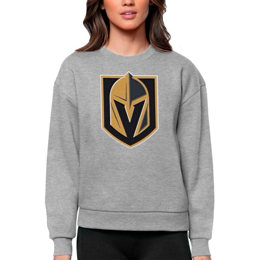 NHL Heather Gray Vegas Golden Knights Antigua Women's Team Logo Victory Crewneck Pullover Sweatshirt