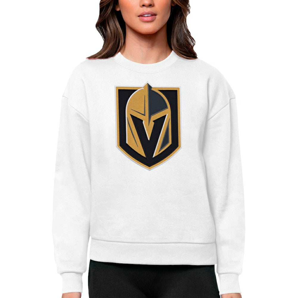 NHL White Vegas Golden Knights Antigua Women's Team Logo Victory Crewneck Pullover Sweatshirt