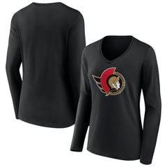 NHL Black Ottawa Senators Women's Team Logo Long Sleeve V-Neck T-Shirt