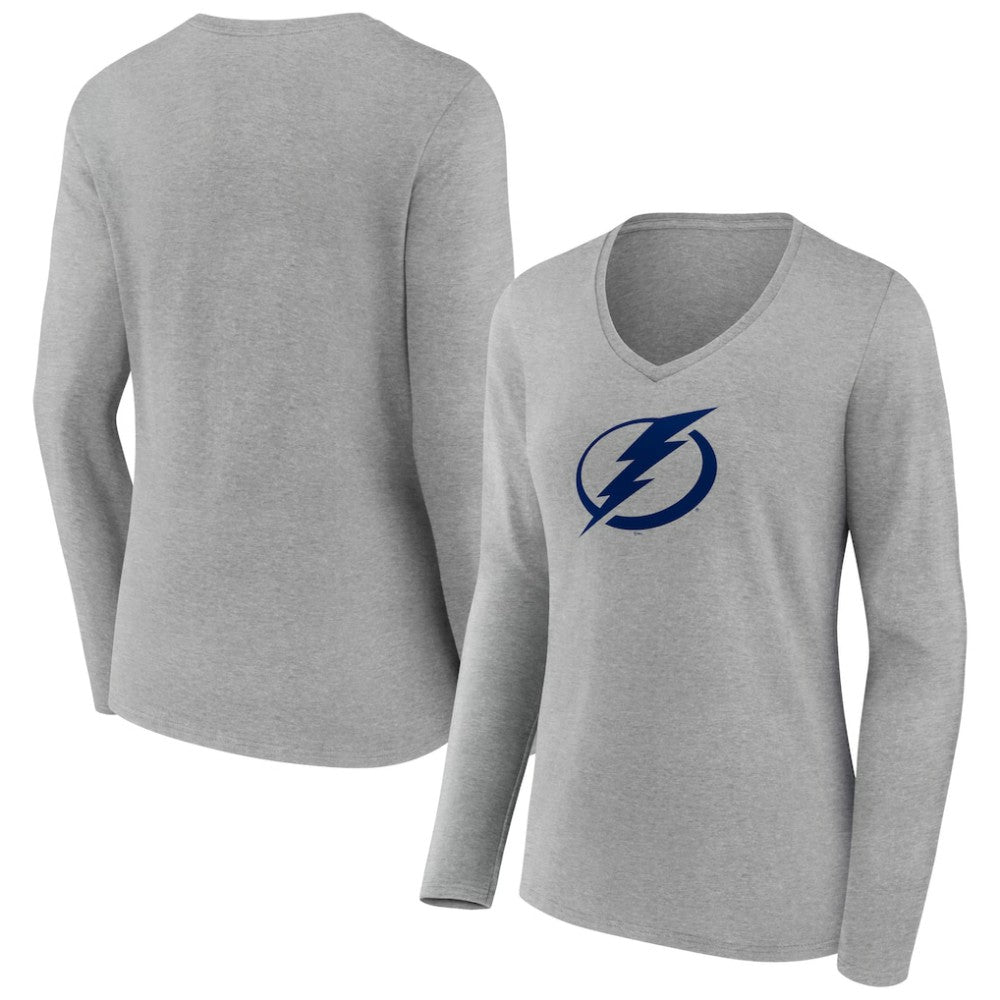 NHL Gray Tampa Bay Lightning Women's Team Logo Long Sleeve V-Neck T-Shirt