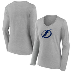NHL Gray Tampa Bay Lightning Women's Team Logo Long Sleeve V-Neck T-Shirt