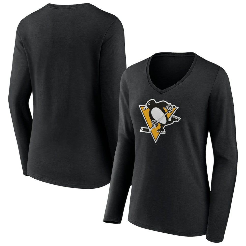 NHL Black Pittsburgh Penguins Women's Team Logo Long Sleeve V-Neck T-Shirt