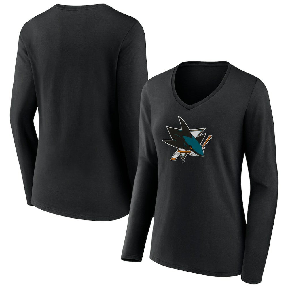 NHL Black San Jose Sharks Women's Team Logo Long Sleeve V-Neck T-Shirt