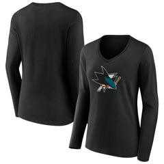 NHL Black San Jose Sharks Women's Team Logo Long Sleeve V-Neck T-Shirt