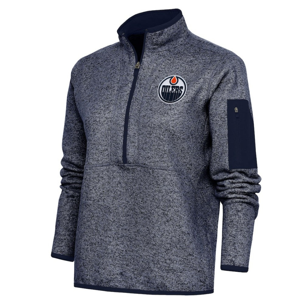 NHL Heather Navy Edmonton Oilers Antigua Women's Team Logo Fortune Quarter-Zip Jacket