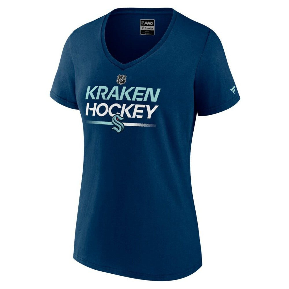 NHL Deep Sea Blue Seattle Kraken Fanatics Women's Authentic Pro V-Neck T-Shirt