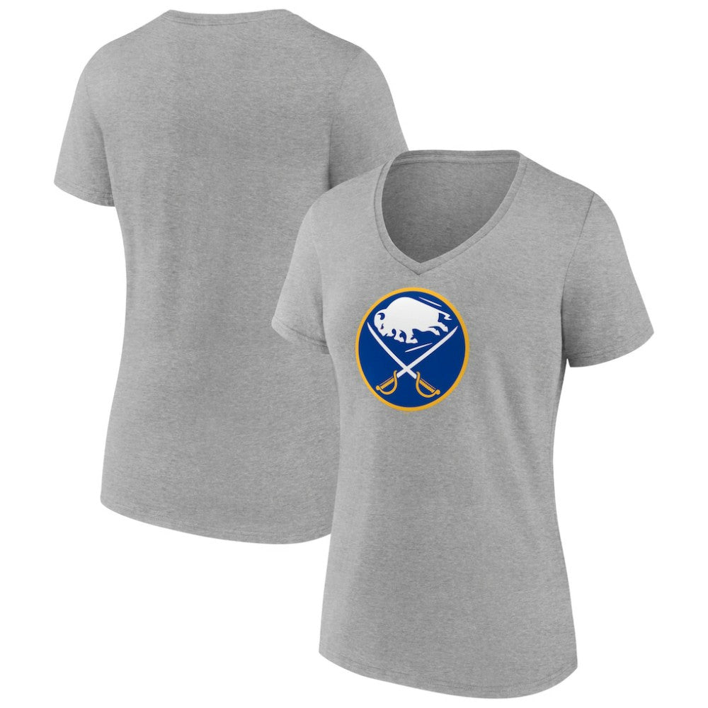 NHL Heather Gray Buffalo Sabres Women's Primary Logo Team V-Neck T-Shirt