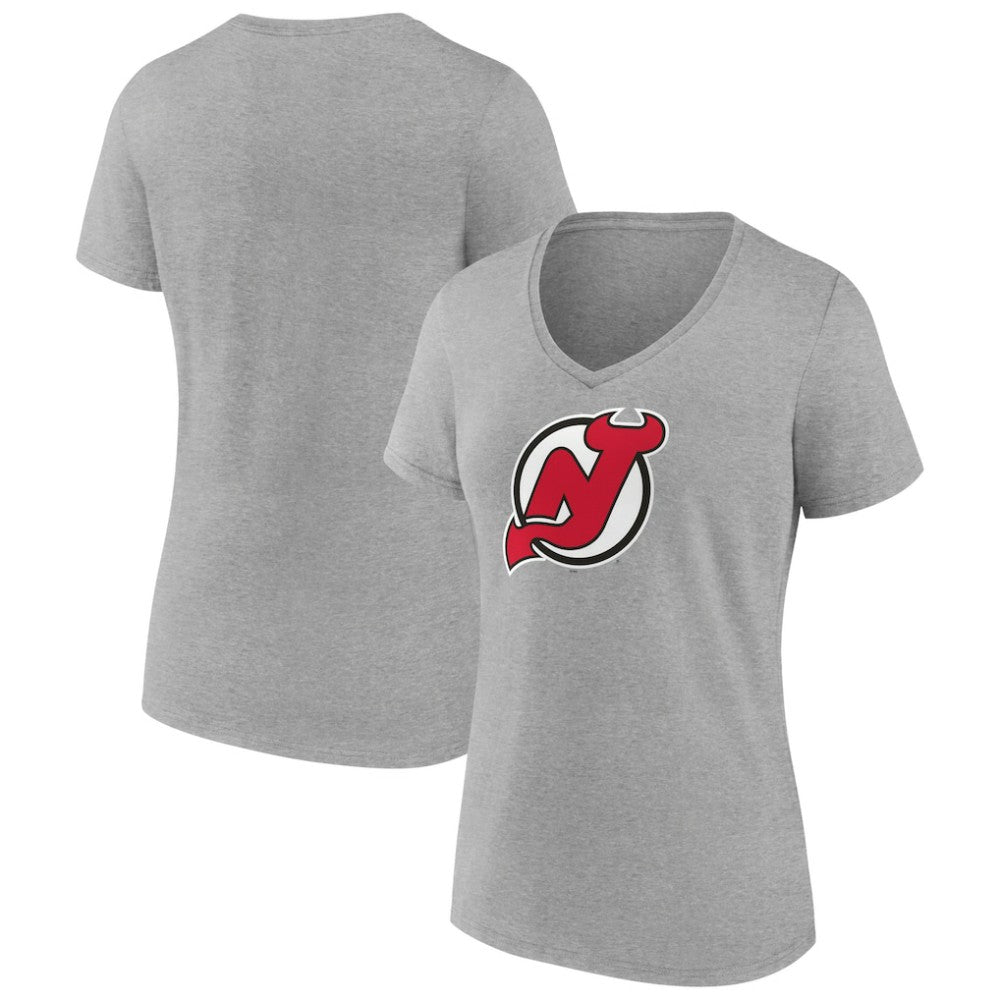 NHL Heather Gray New Jersey Devils Women's Primary Logo Team V-Neck T-Shirt