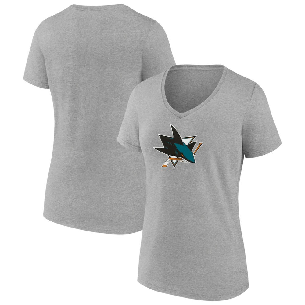 NHL Heather Gray San Jose Sharks Women's Primary Logo Team V-Neck T-Shirt