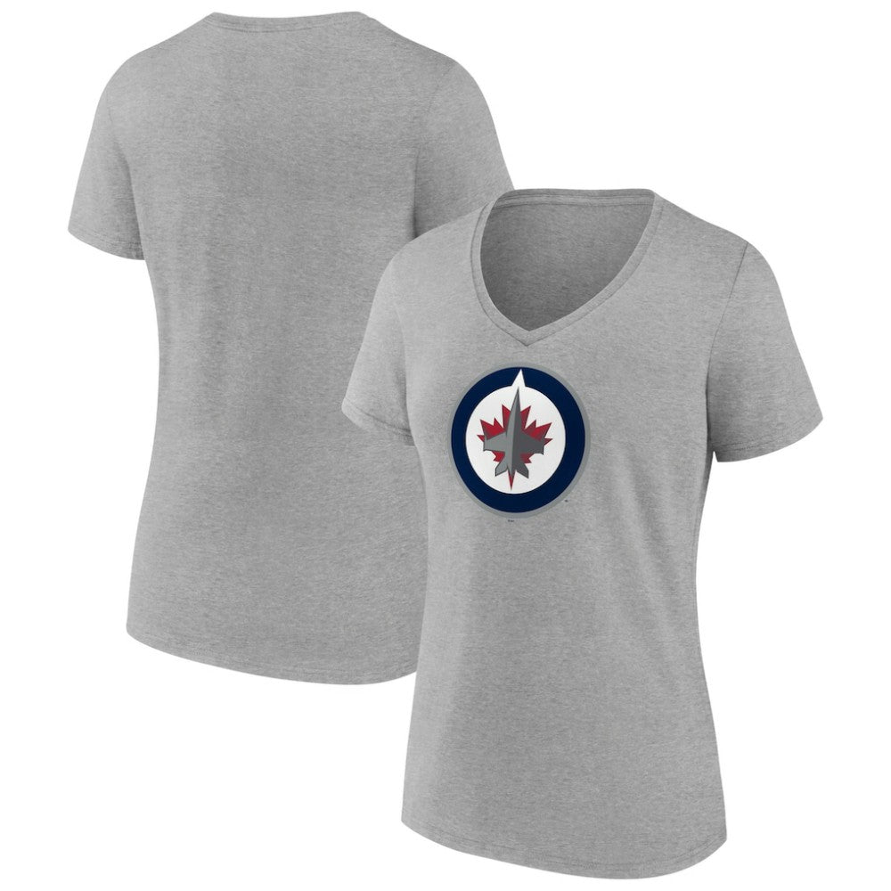 NHL Heather Gray Winnipeg Jets Women's Primary Logo Team V-Neck T-Shirt