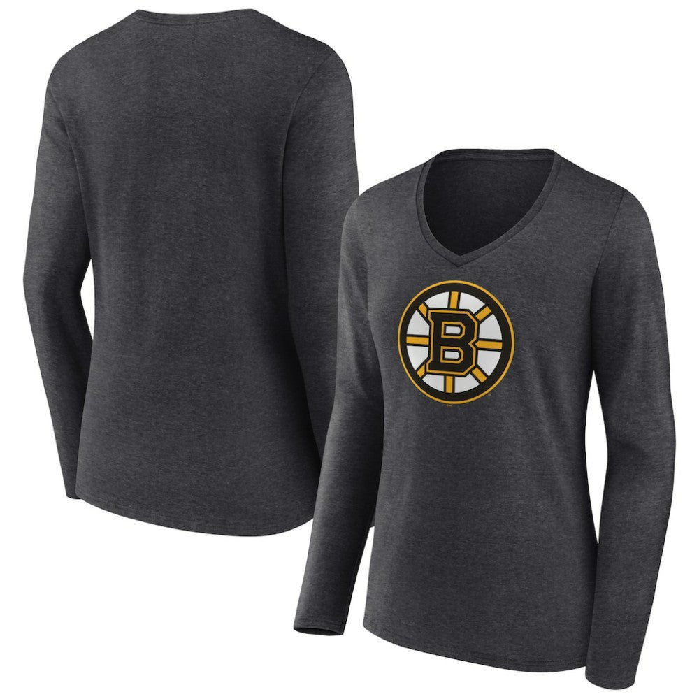 NHL Heather Charcoal Boston Bruins Women's Primary Team Logo Long Sleeve V-Neck T-Shirt