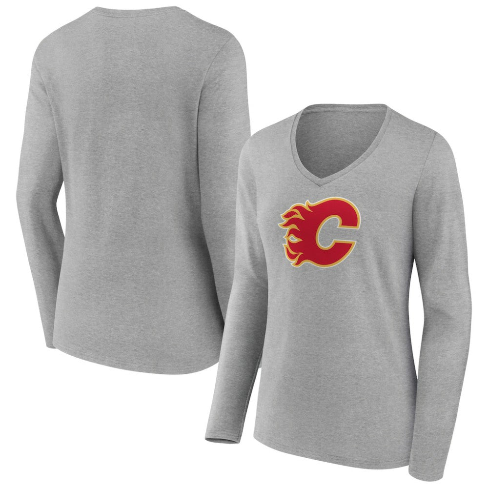 NHL Heather Gray Calgary Flames Women's Primary Logo Team Long Sleeve V-Neck T-Shirt