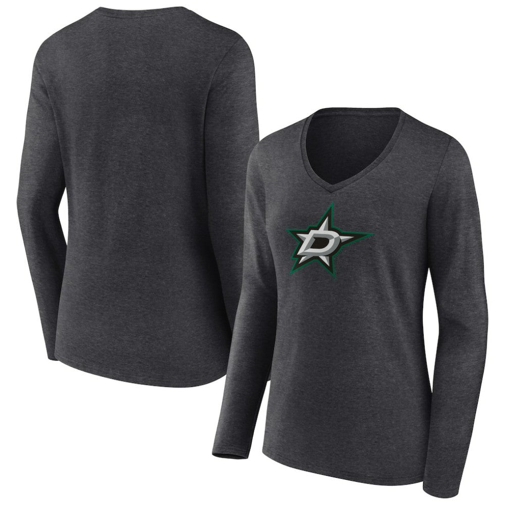 NHL Heather Charcoal Dallas Stars Women's Primary Team Logo Long Sleeve V-Neck T-Shirt