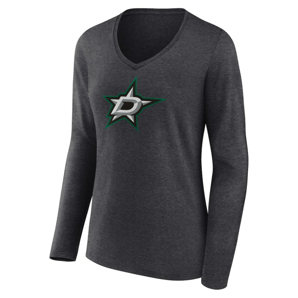 NHL Heather Charcoal Dallas Stars Women's Primary Team Logo Long Sleeve V-Neck T-Shirt