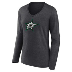 NHL Heather Charcoal Dallas Stars Women's Primary Team Logo Long Sleeve V-Neck T-Shirt