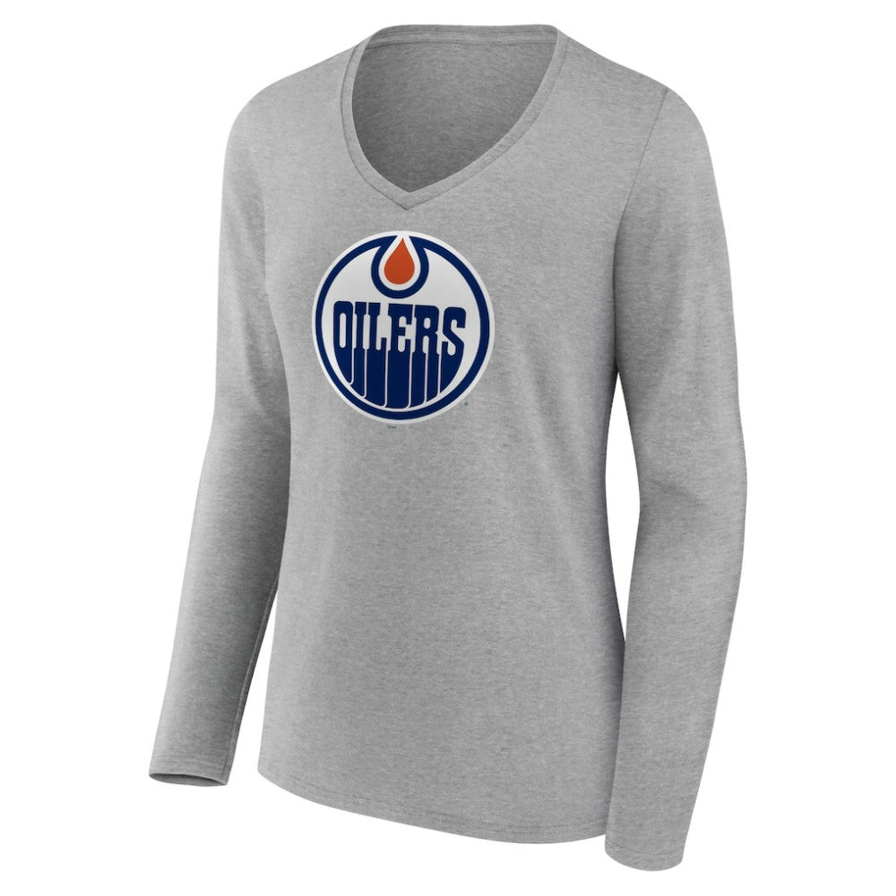 NHL Heather Gray Edmonton Oilers Women's Primary Logo Team Long Sleeve V-Neck T-Shirt