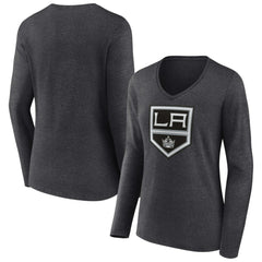 NHL Heather Charcoal Los Angeles Kings Women's Primary Team Logo Long Sleeve V-Neck T-Shirt