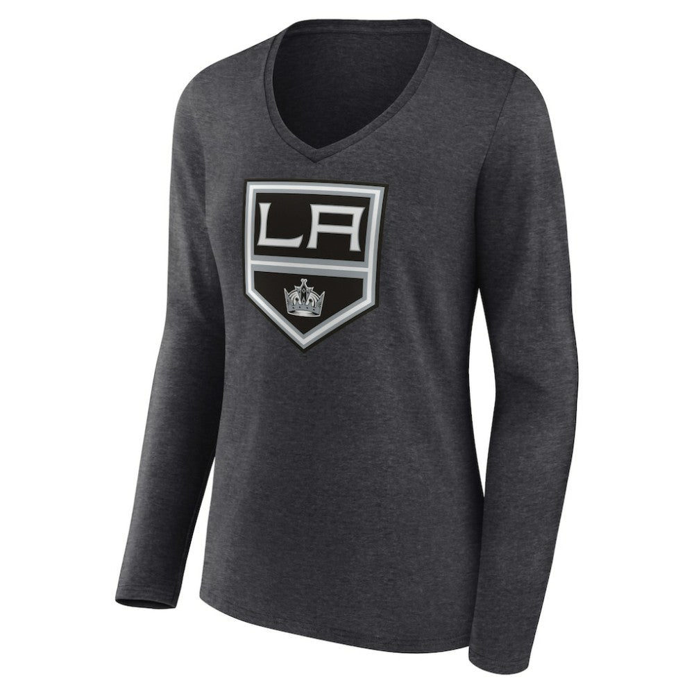 NHL Heather Charcoal Los Angeles Kings Women's Primary Team Logo Long Sleeve V-Neck T-Shirt