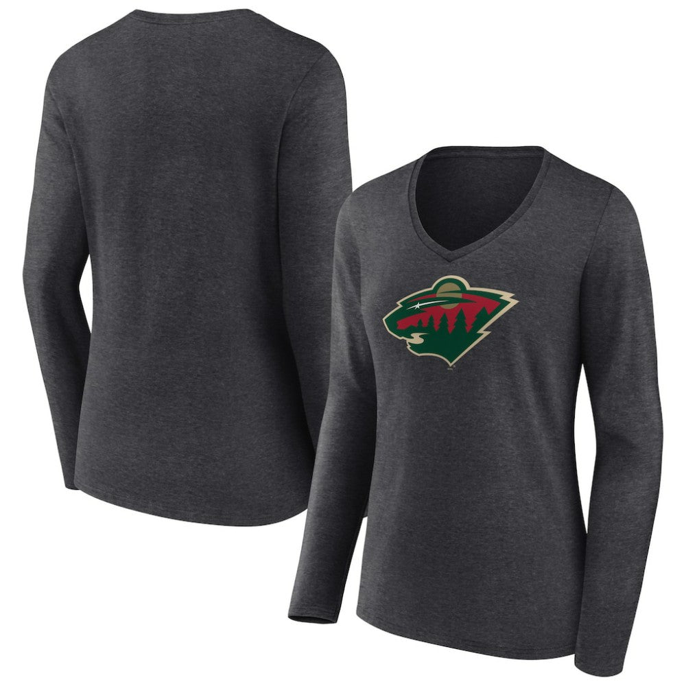 NHL Heather Charcoal Minnesota Wild Women's Primary Team Logo Long Sleeve V-Neck T-Shirt