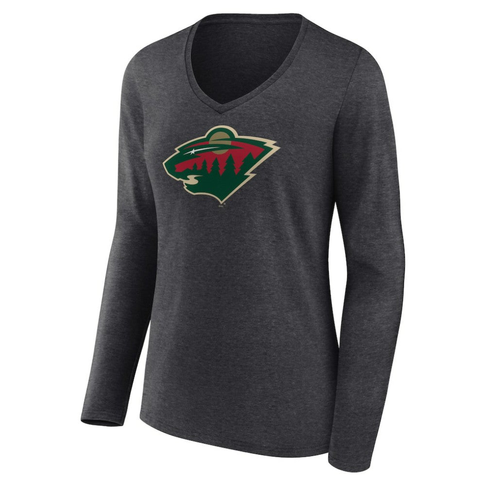 NHL Heather Charcoal Minnesota Wild Women's Primary Team Logo Long Sleeve V-Neck T-Shirt