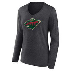 NHL Heather Charcoal Minnesota Wild Women's Primary Team Logo Long Sleeve V-Neck T-Shirt