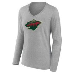 NHL Heather Gray Minnesota Wild Women's Primary Logo Team Long Sleeve V-Neck T-Shirt