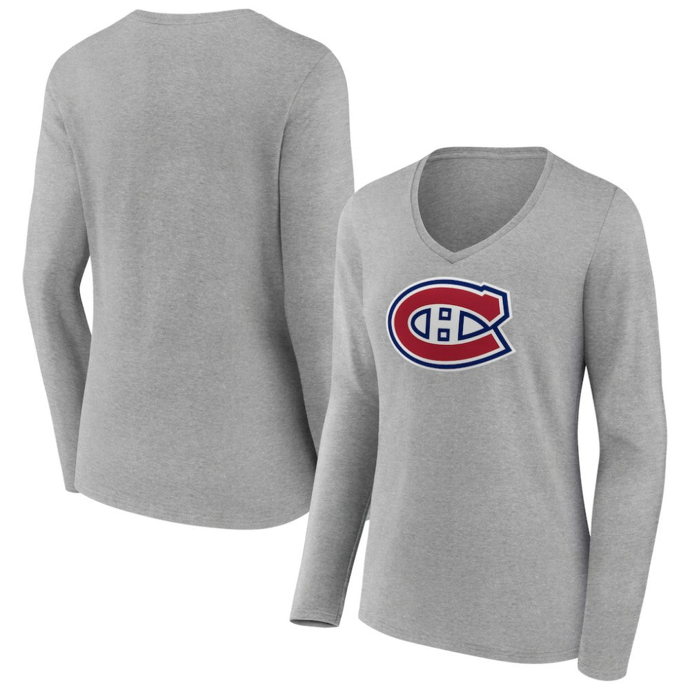 NHL Heather Gray Montreal Canadiens Women's Primary Logo Team Long Sleeve V-Neck T-Shirt