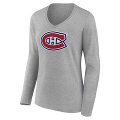 NHL Heather Gray Montreal Canadiens Women's Primary Logo Team Long Sleeve V-Neck T-Shirt