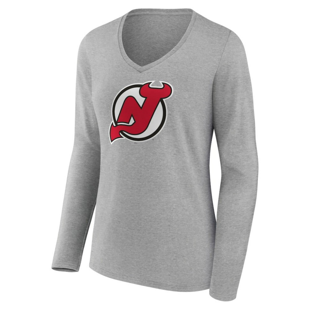 NHL Heather Gray New Jersey Devils Women's Primary Logo Team Long Sleeve V-Neck T-Shirt