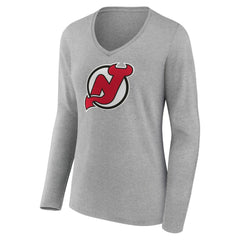 NHL Heather Gray New Jersey Devils Women's Primary Logo Team Long Sleeve V-Neck T-Shirt